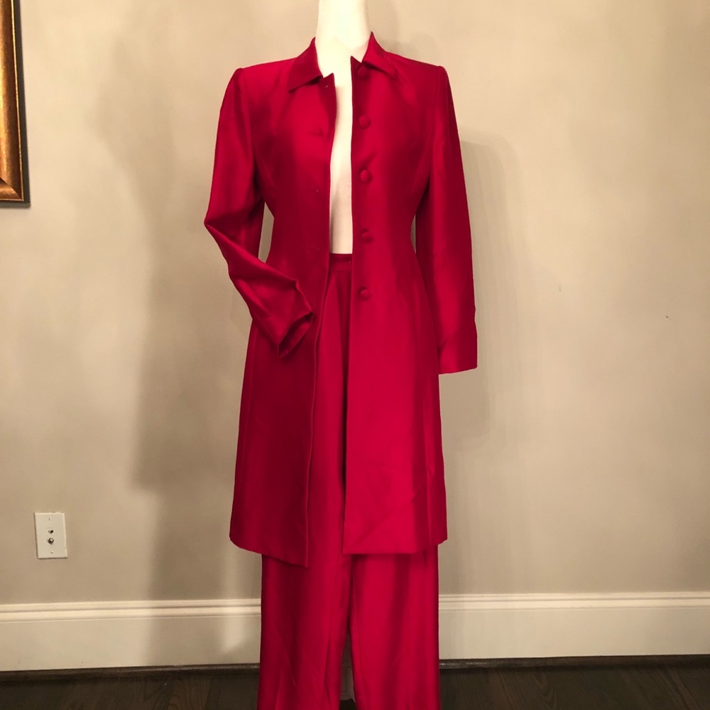 Ann Taylor Red Silk Pantsuit Duster jacket size 2